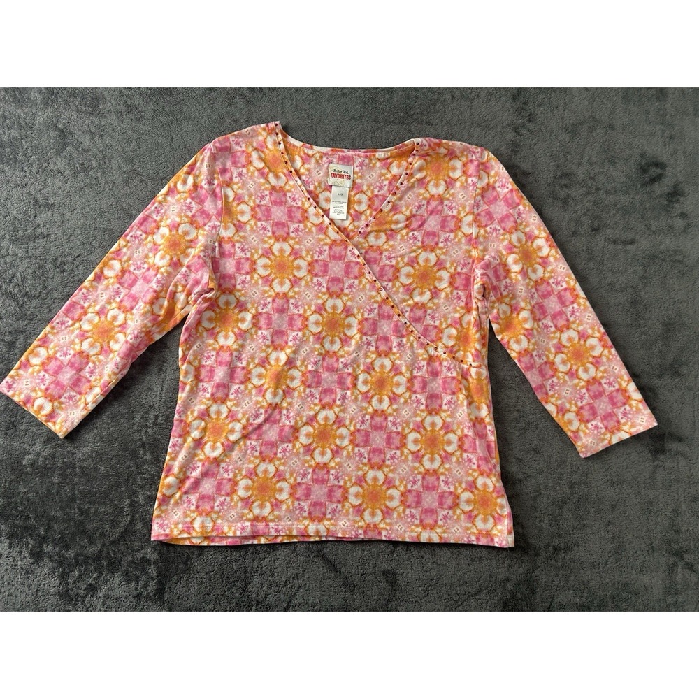 Ruby Rd Favorites Women's Pink & Orange Patterned Knit Top Size L Embellish